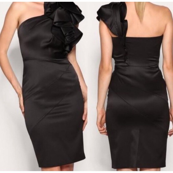 Karen Millen Dresses & Skirts - Karen Millen Black Satin One Shoulder Ruffle Mini Dress Formal Size‎ 8 Cocktail